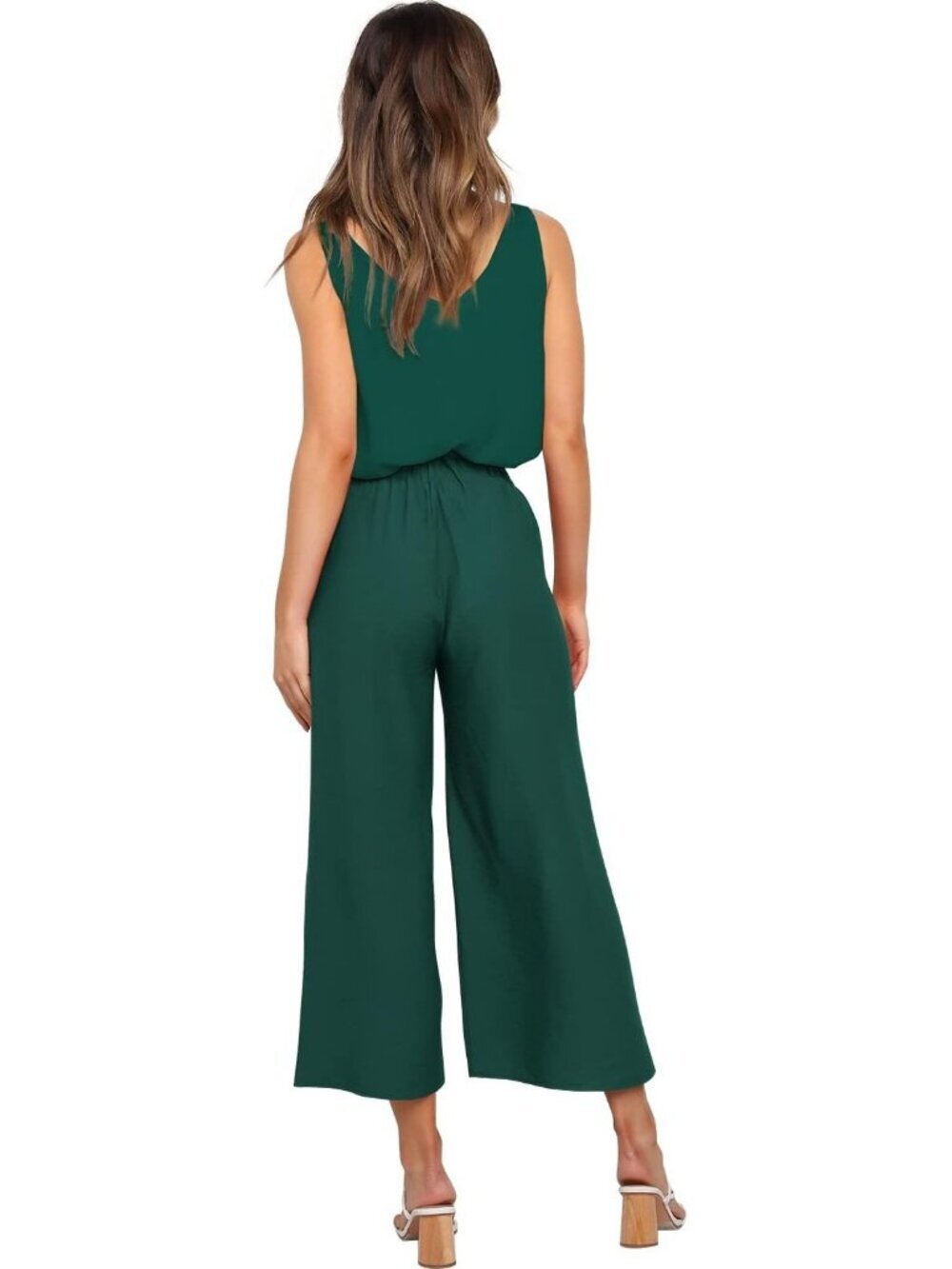 Women's 2 Piece Set V Neck Tank Dark Green Tops High Waisted Pants with Belt - Picture 4 of 7